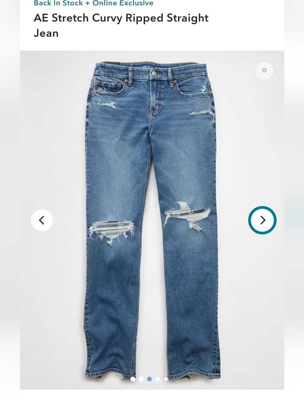 AE Stretch Curvy Ripped Straight Jean in Medium Blue Size 0